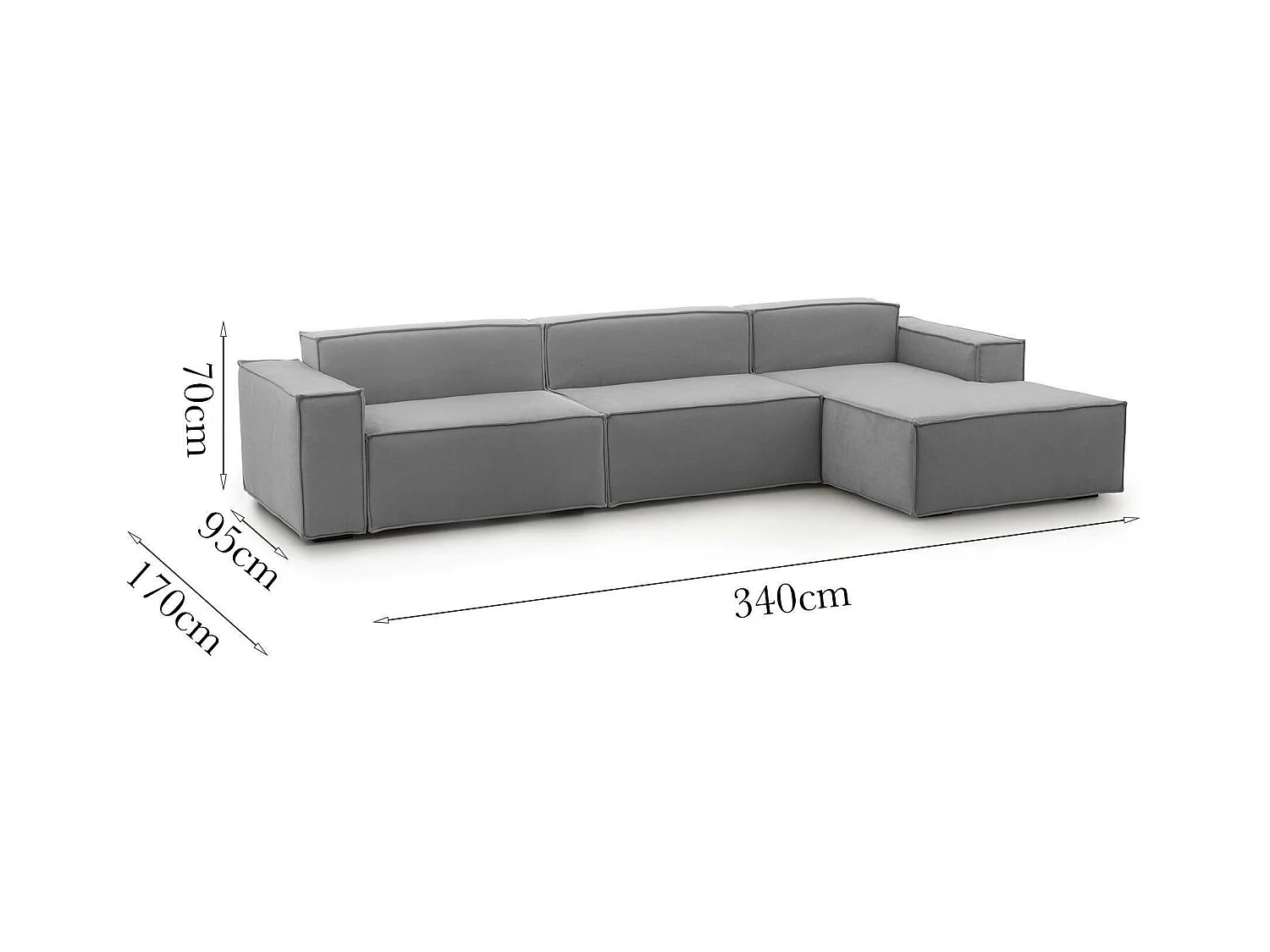 Divano fisso Raffaella, Divano componibile a 4 posti con penisola destra, 100% Made in Italy, Sofà moderno in tessuto, Cm 340x170h70, Grigio