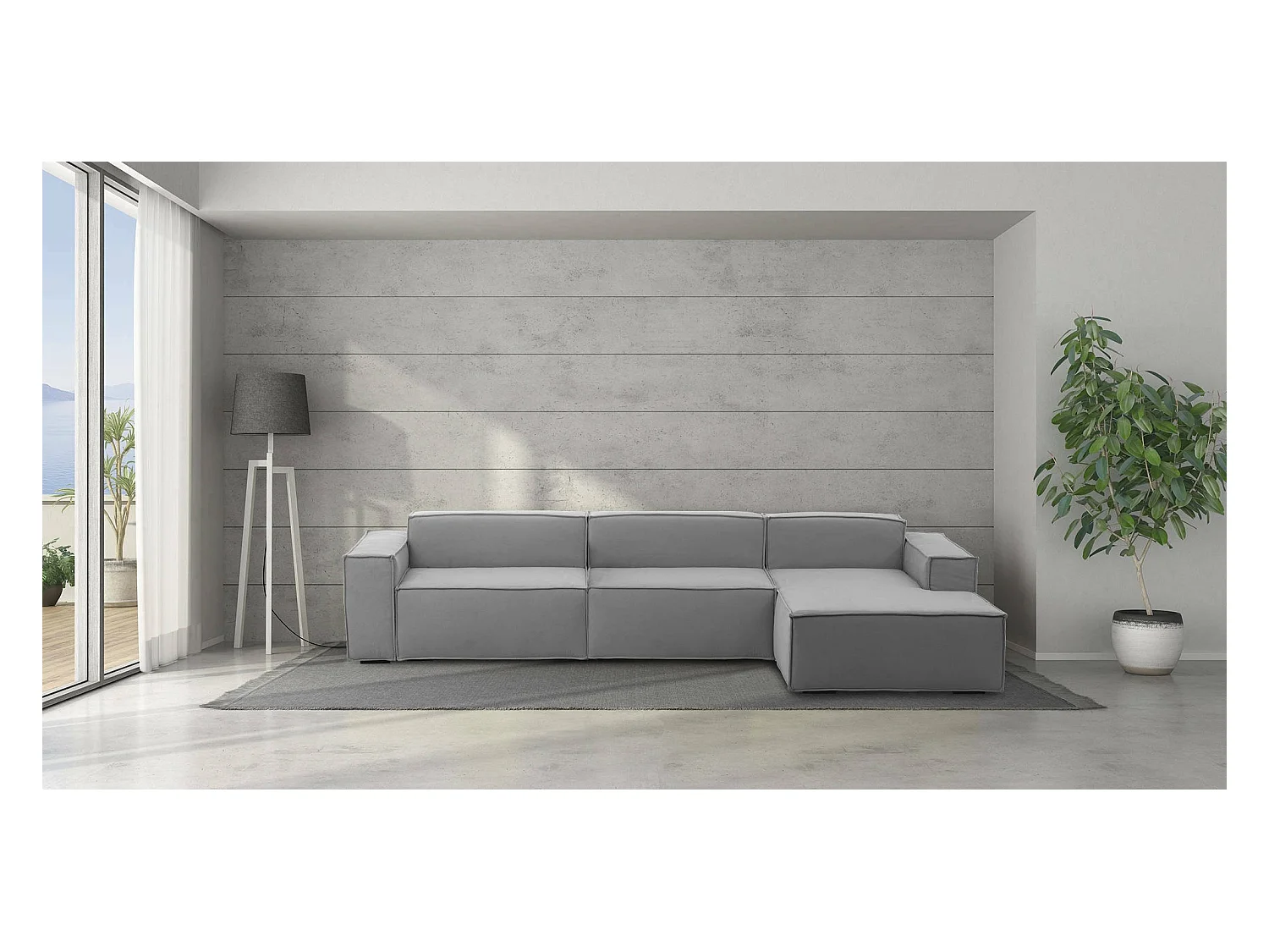 Divano fisso Raffaella, Divano componibile a 4 posti con penisola destra, 100% Made in Italy, Sofà moderno in tessuto, Cm 340x170h70, Grigio