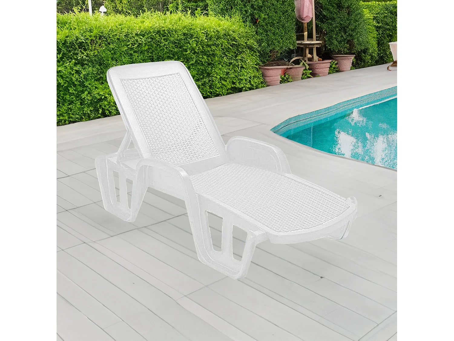 Chaise longue Milano, Chaise longue de jardin réglable avec accoudoirs, Chaise longue d'extérieur, 100% Made in Italy, 192x71h100 cm, Blanc
