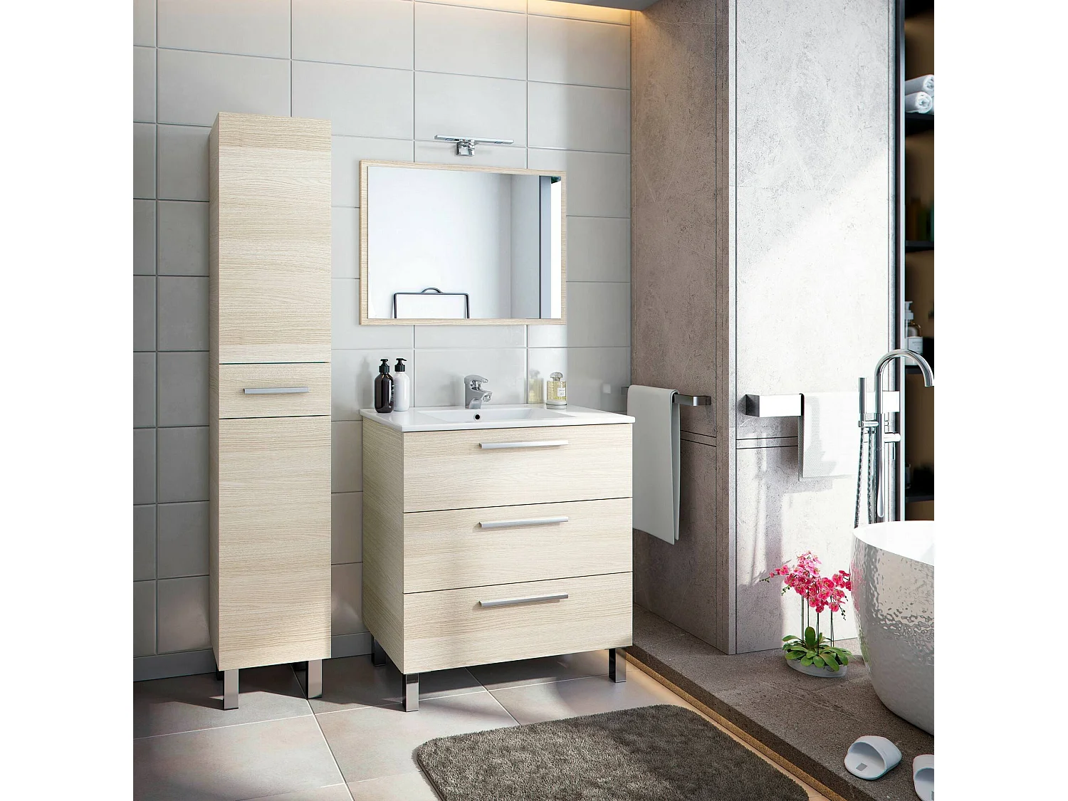 Colonne de salle de bain Dokerek, Élément mural de salle de bain avec 2 portes et 1 tiroir, Armoire haute, 35x31h182 cm, Chêne