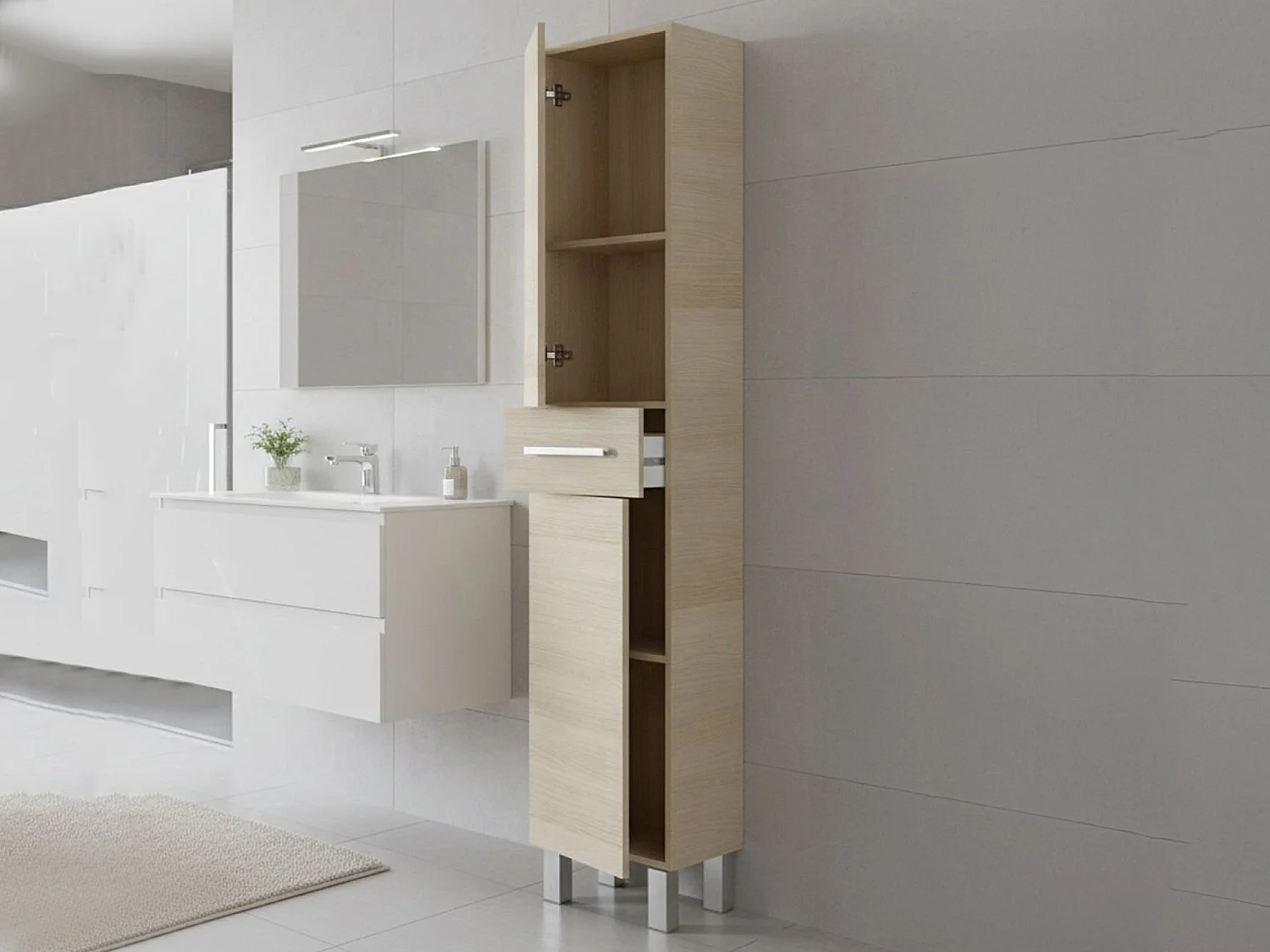 Colonne de salle de bain Dokerek, Élément mural de salle de bain avec 2 portes et 1 tiroir, Armoire haute, 35x31h182 cm, Chêne