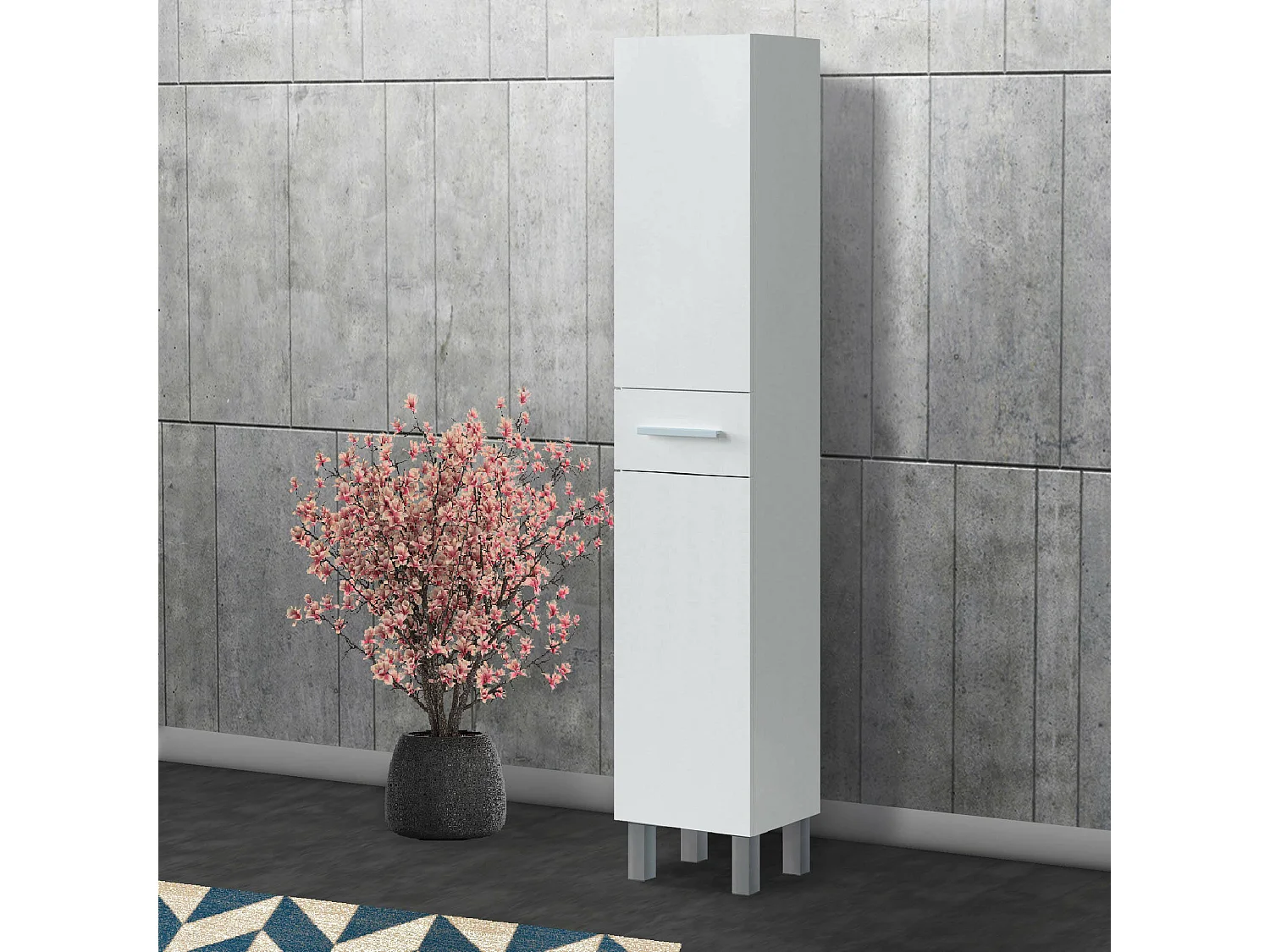 Colonne de salle de bain Wilmington, Élément mural de salle de bain avec 2 portes et 1 tiroir, Armoire haute, 35x31h182 cm, Blanc brillant