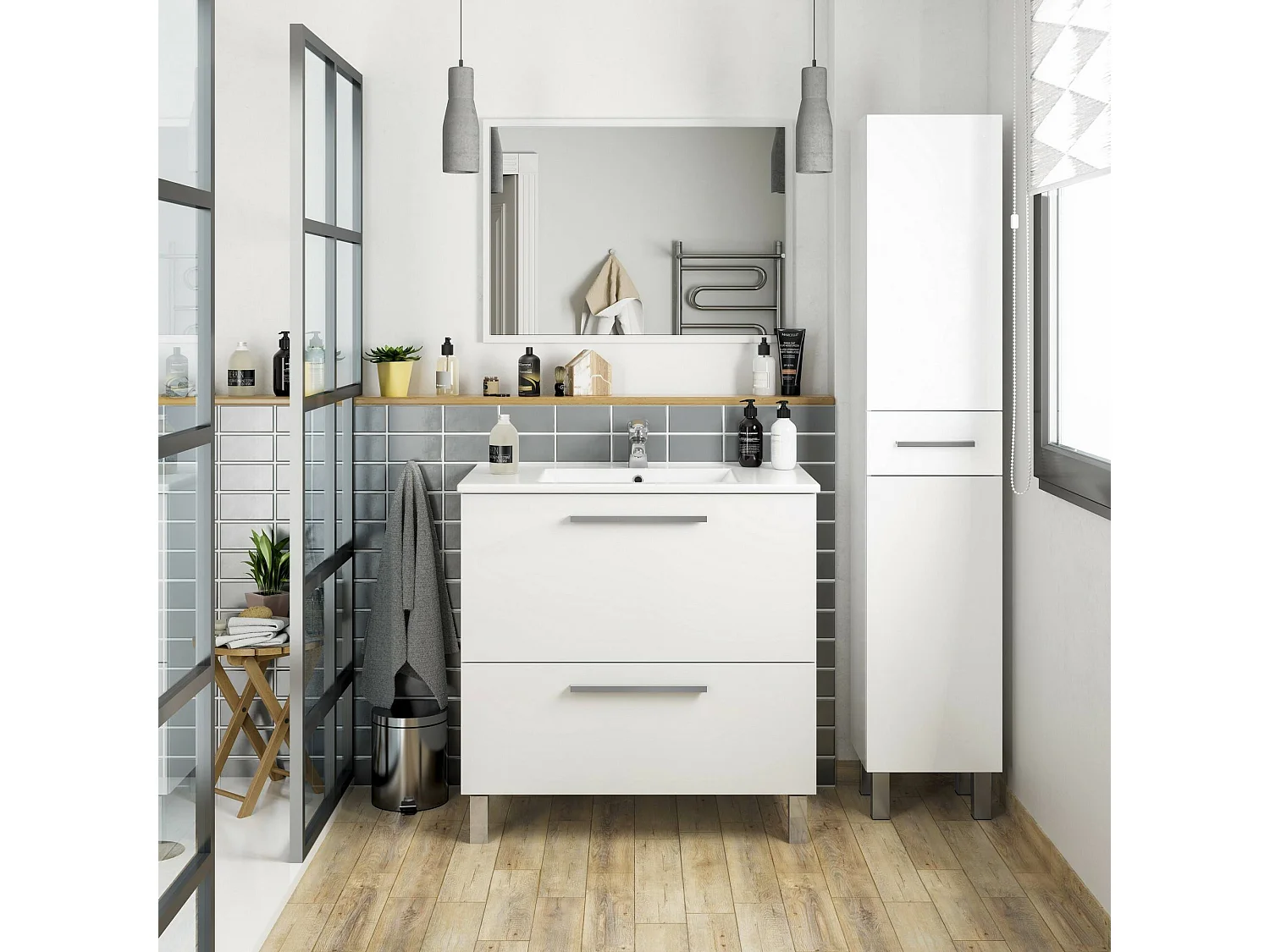 Badezimmersäule Wilmington, Badezimmerwandschrank mit 2 Türen und 1 Schublade, Hochschrank, 35x31h182 cm, Glänzendes WeiÃŸ