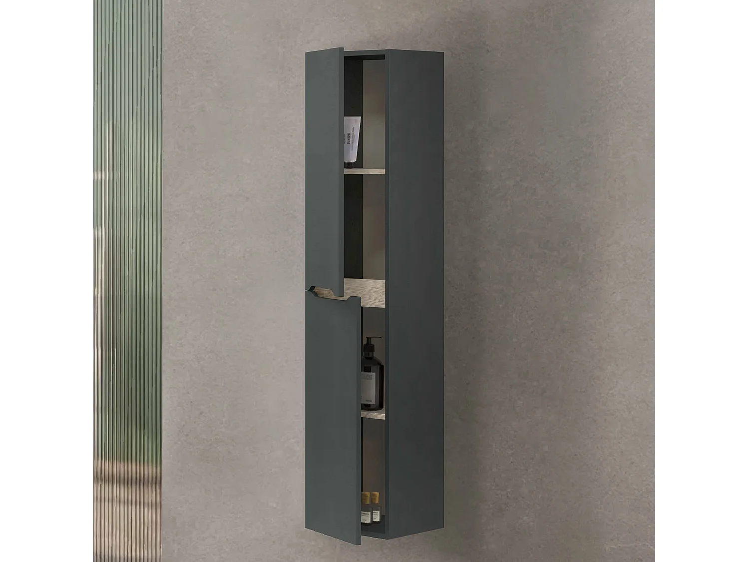 Columna de baño Dodde, Mueble de baño suspendido con 2 puertas, Armario alto, 31x26h135 cm, Antracita y Roble