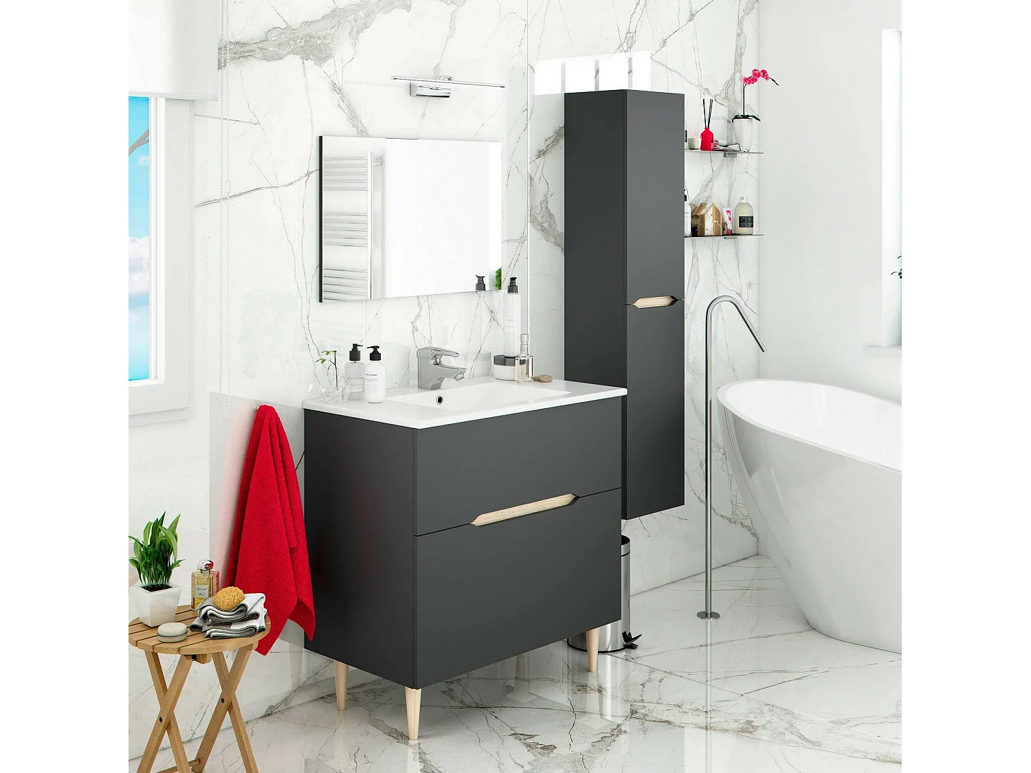 Columna de baño Dodde, Mueble de baño suspendido con 2 puertas, Armario alto, 31x26h135 cm, Antracita y Roble