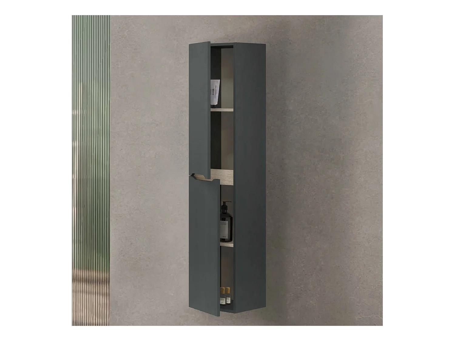 Colonne de salle de bain Dodde, Élément mural de salle de bain suspendu avec 2 portes, Armoire haute, 31x26h135 cm, Anthracite et Chêne