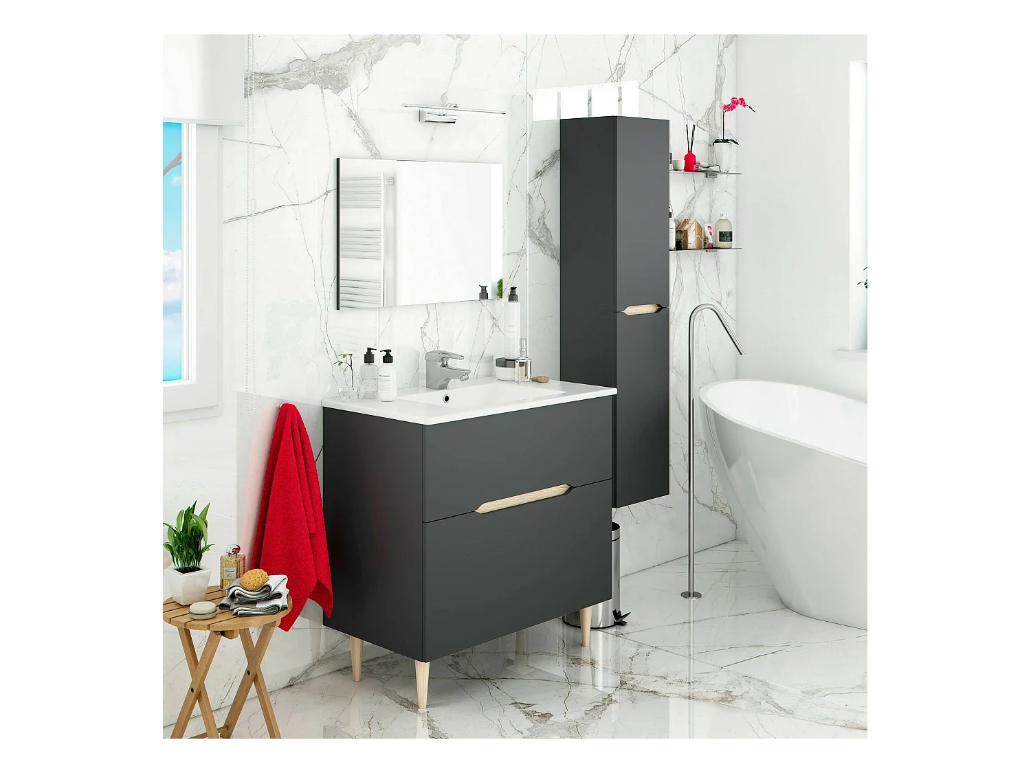 Colonne de salle de bain Dodde, Élément mural de salle de bain suspendu avec 2 portes, Armoire haute, 31x26h135 cm, Anthracite et Chêne