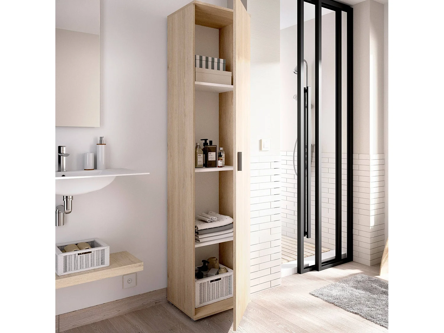 Armoire polyvalente Lagalb, Meuble de rangement multifonctionnel, armoire 1 porte, 39x35h190 cm, Chêne