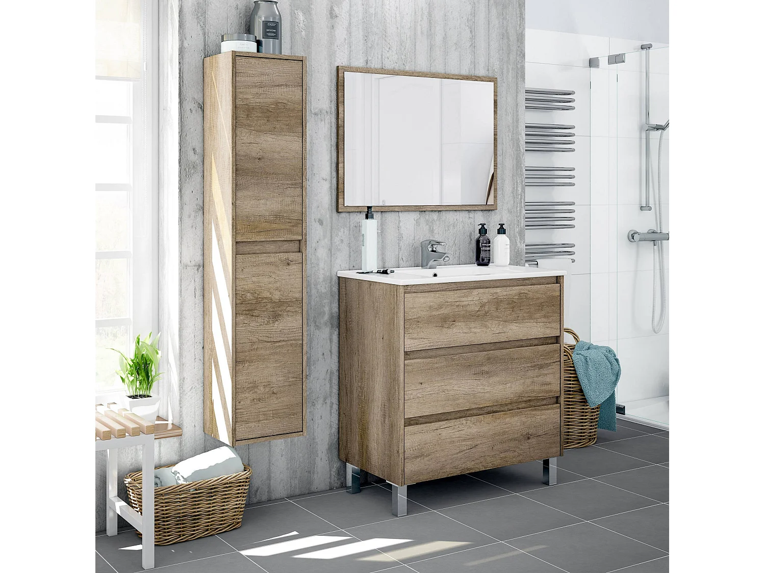 Coluna de casa de banho Dmarron, Móvel coluna de casa de banho com 2 portas, Móvel de parede suspenso, Armário multiusos moderno, 30x26h140 cm, Carvalho