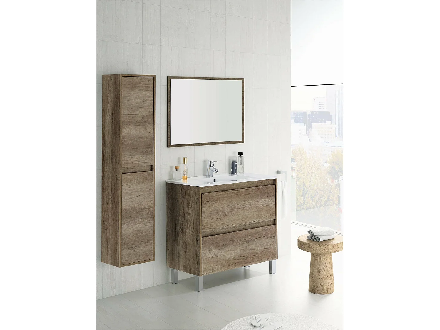 Coluna de casa de banho Dmarron, Móvel coluna de casa de banho com 2 portas, Móvel de parede suspenso, Armário multiusos moderno, 30x26h140 cm, Carvalho