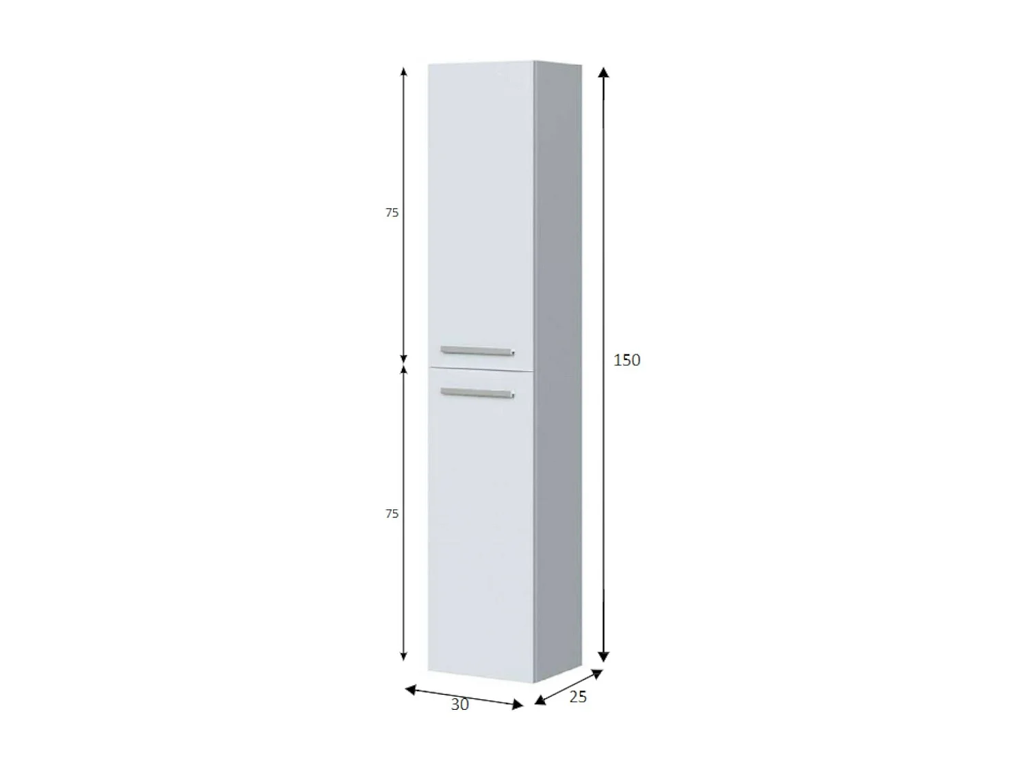 Colonne de salle de bain Dabado, Armoire colonne de salle de bain avec 2 portes, Armoire murale suspendue avec 2 étagères, 30x25h150 cm, Blanc brillant