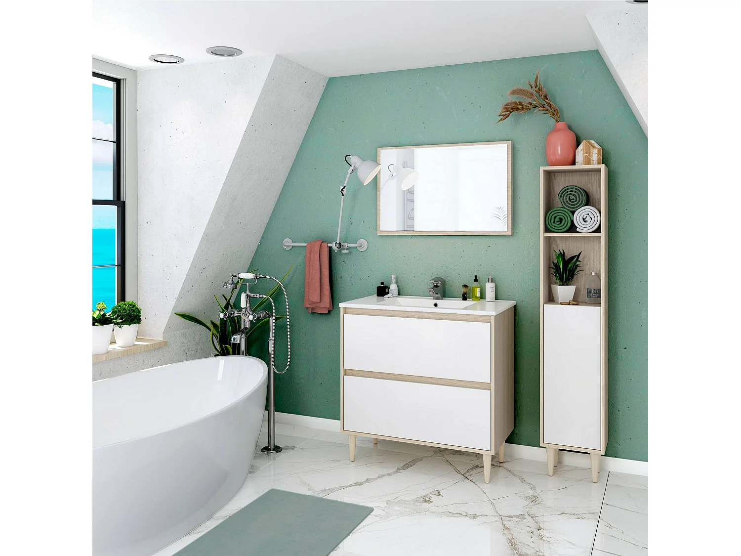 Colonne de salle de bain Winooski, Élément mural de salle de bain avec 1 porte, Armoire haute, 30x25h150 cm, Chêne et Blanc Brillant