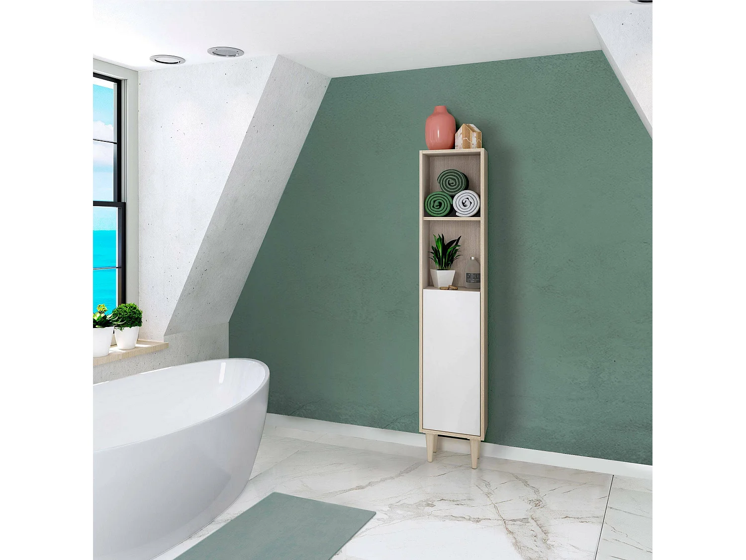 Colonne de salle de bain Winooski, Élément mural de salle de bain avec 1 porte, Armoire haute, 30x25h150 cm, Chêne et Blanc Brillant