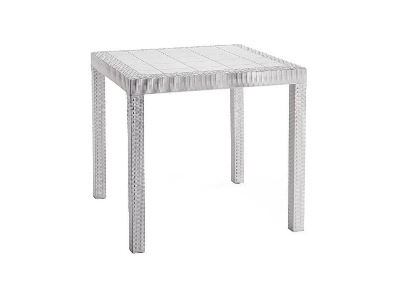 Mesa de exterior Marte, Mesa cuadrada fija, Mesa de jardín multiusos efecto ratán, 100% Made in Italy, 80x80h74 cm, Blanco