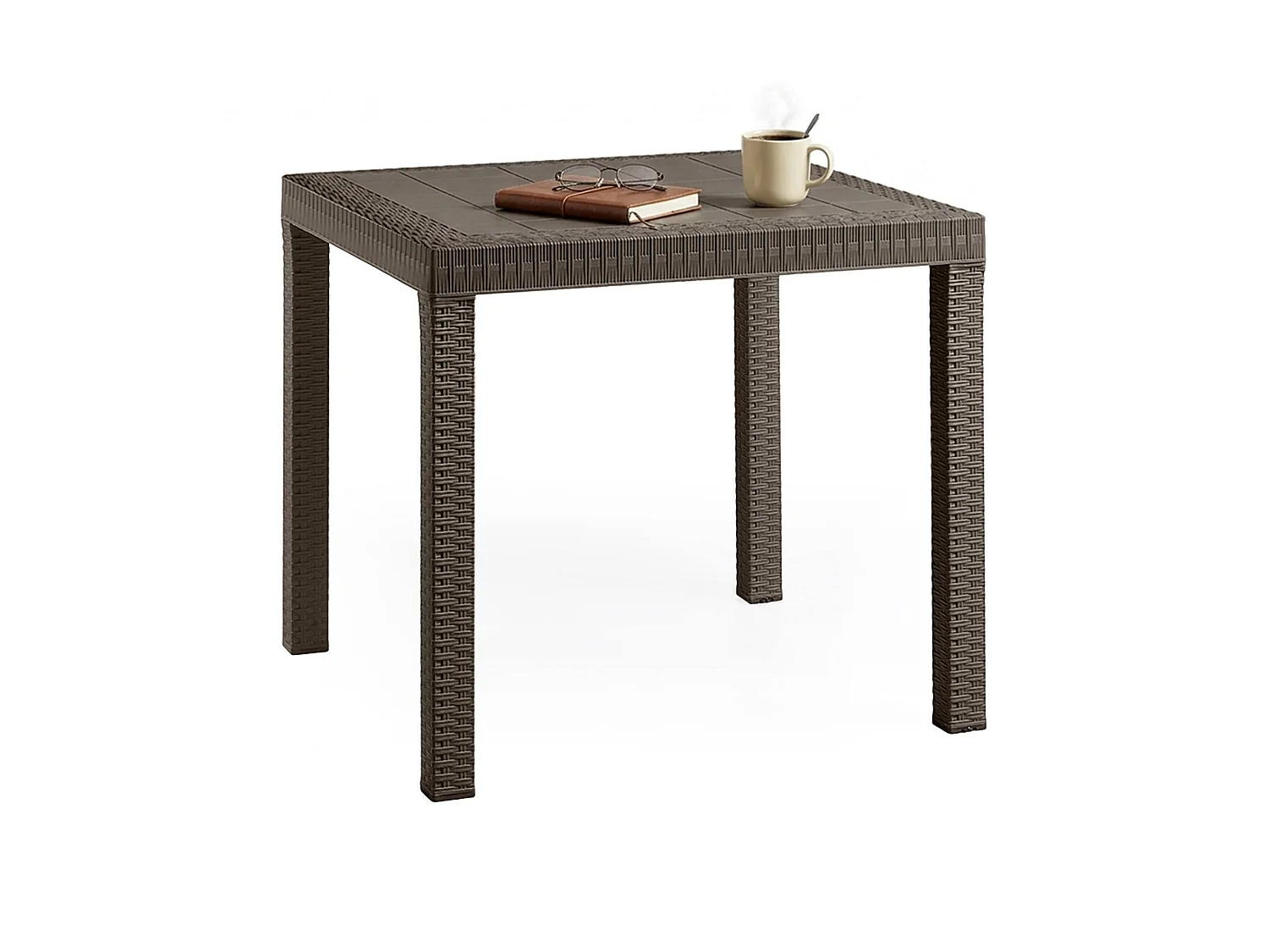 Mesa de exterior Marte, Mesa cuadrada fija, Mesa de jardín multiusos efecto ratán, 100% Made in Italy, 80x80h74 cm, Marrón