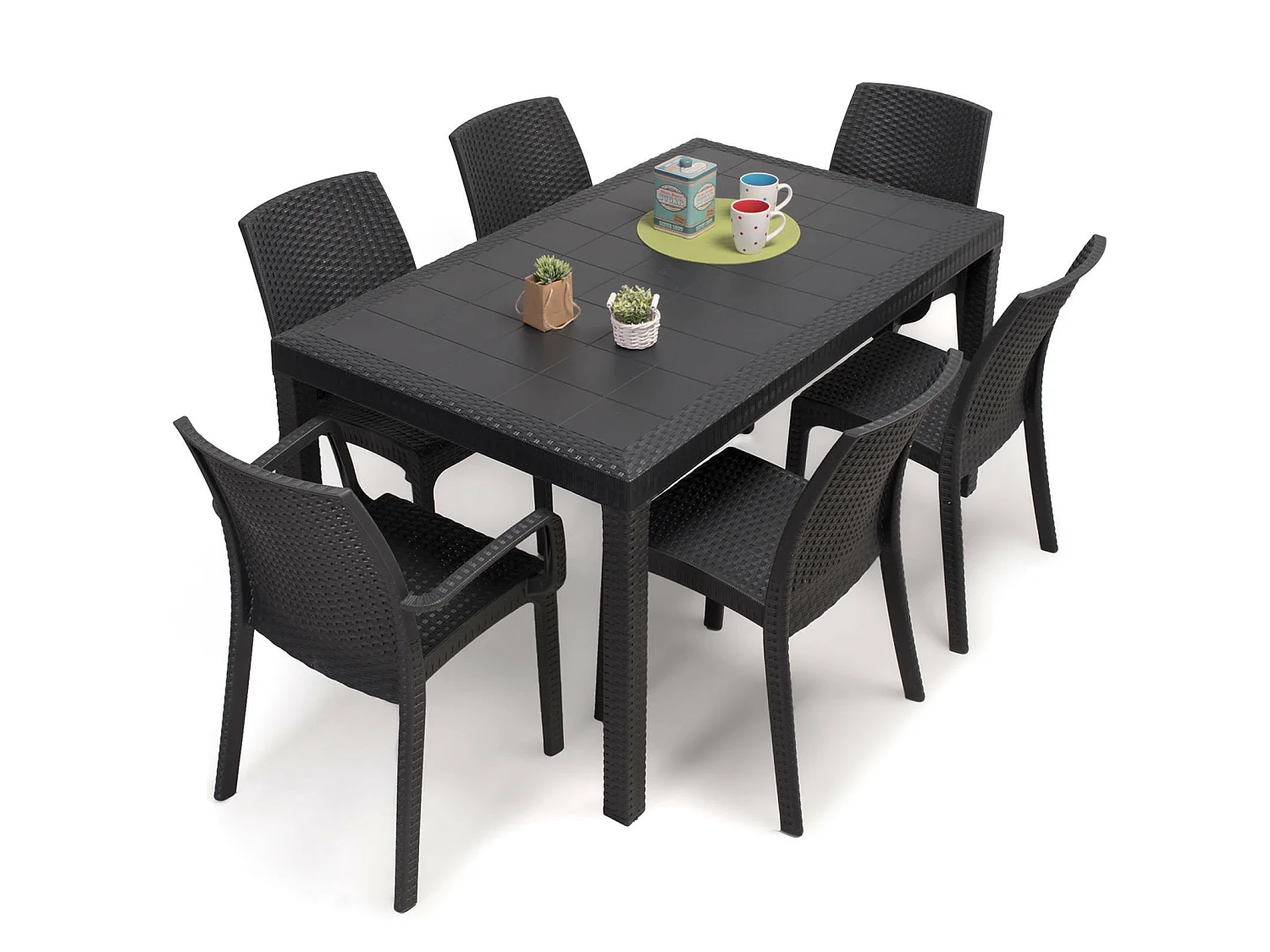 Table d'extérieur Portici, Étagère à manger rectangulaire, Table de jardin polyvalente effet rotin, 100% Made in Italy, 150x90h72 cm, Anthracite