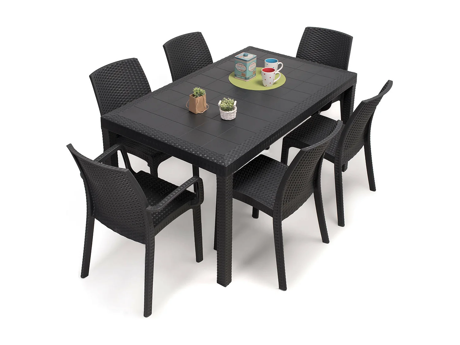Table d'extérieur Portici, Étagère à manger rectangulaire, Table de jardin polyvalente effet rotin, 100% Made in Italy, 150x90h72 cm, Anthracite
