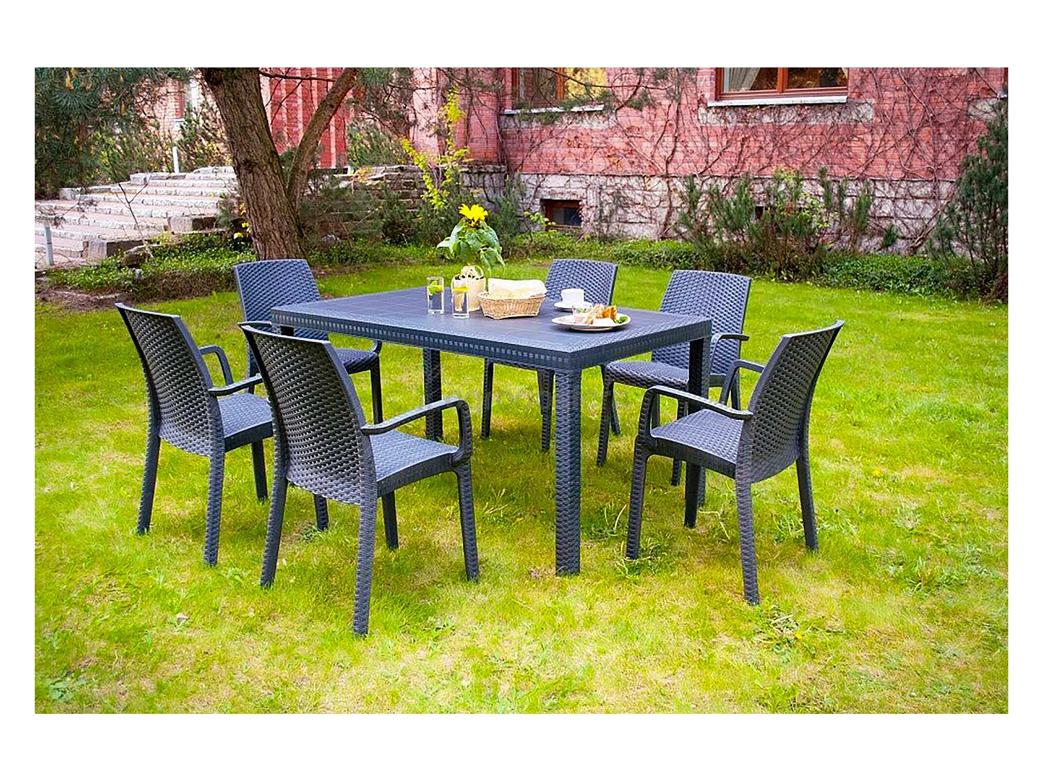 Table d'extérieur Giove, Etagère de jardin rectangulaire, Table de jardin polyvalente effet rotin, 100% Made in Italy, 150x90h74 cm, Anthracite
