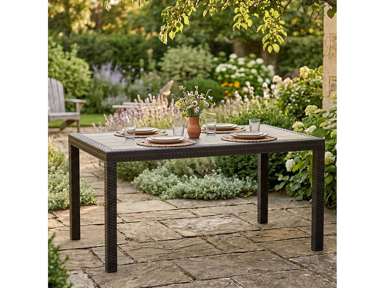 Table d'extérieur Giove, Etagère de jardin rectangulaire, Table de jardin polyvalente effet rotin, 100% Made in Italy, 150x90h74 cm, Anthracite