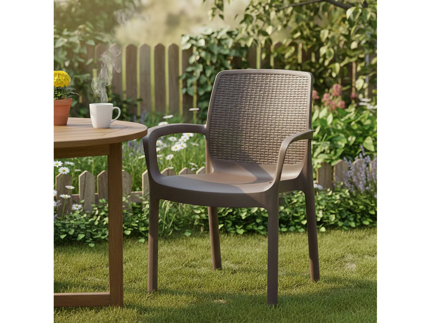 Chaise d'extérieur Damols, Siège de jardin, Chaise pour table à manger, Fauteuil d'extérieur effet rotin, 100% Made in Italy, 54x60h82 cm, Marron
