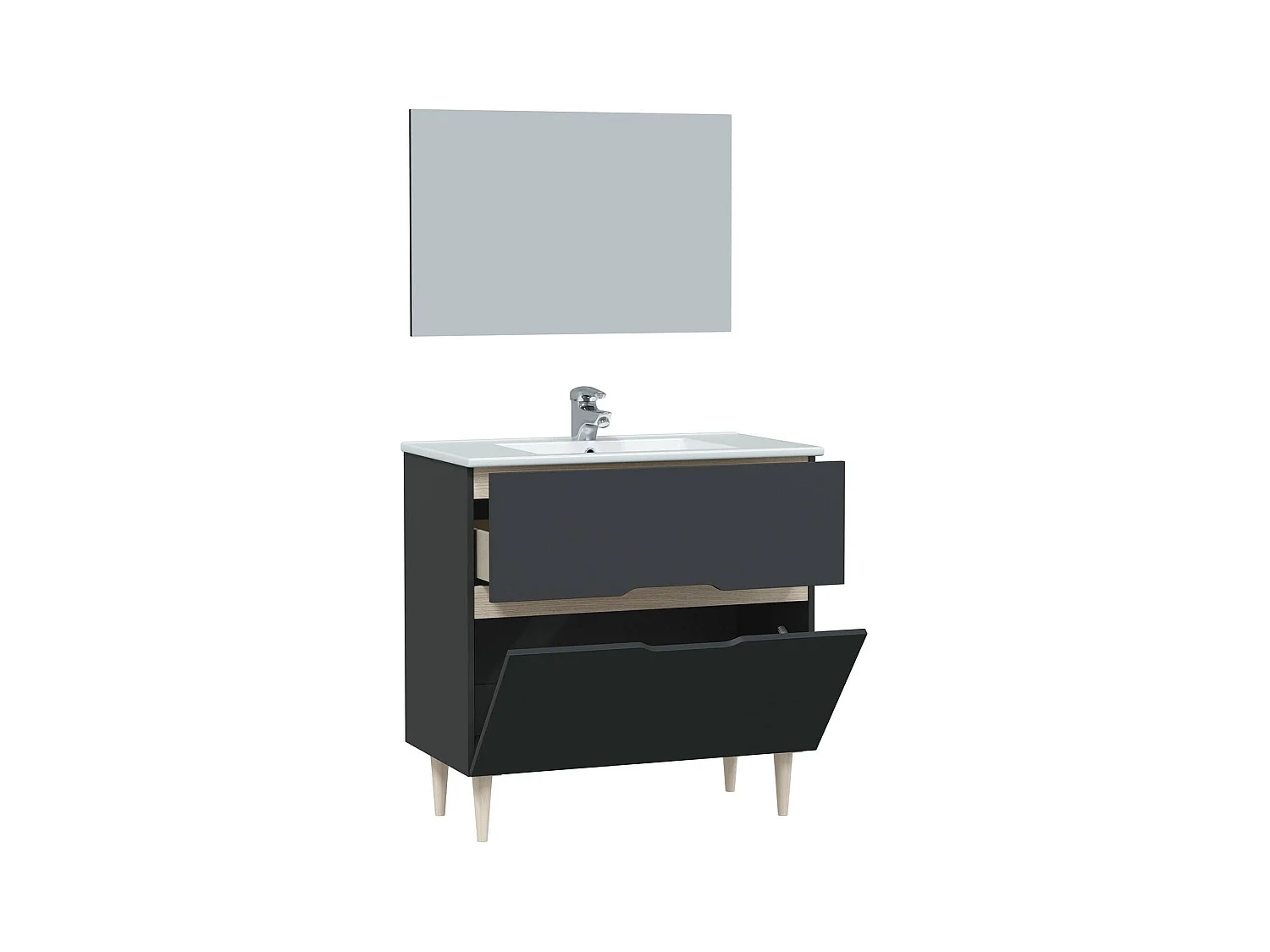 Meuble sous-vasque Yarmouth, Meuble sous-vasque de salle de bain, Meuble sous-vasque avec miroir, Lavabo non inclus, 80x45h80 cm, Anthracite et Chêne