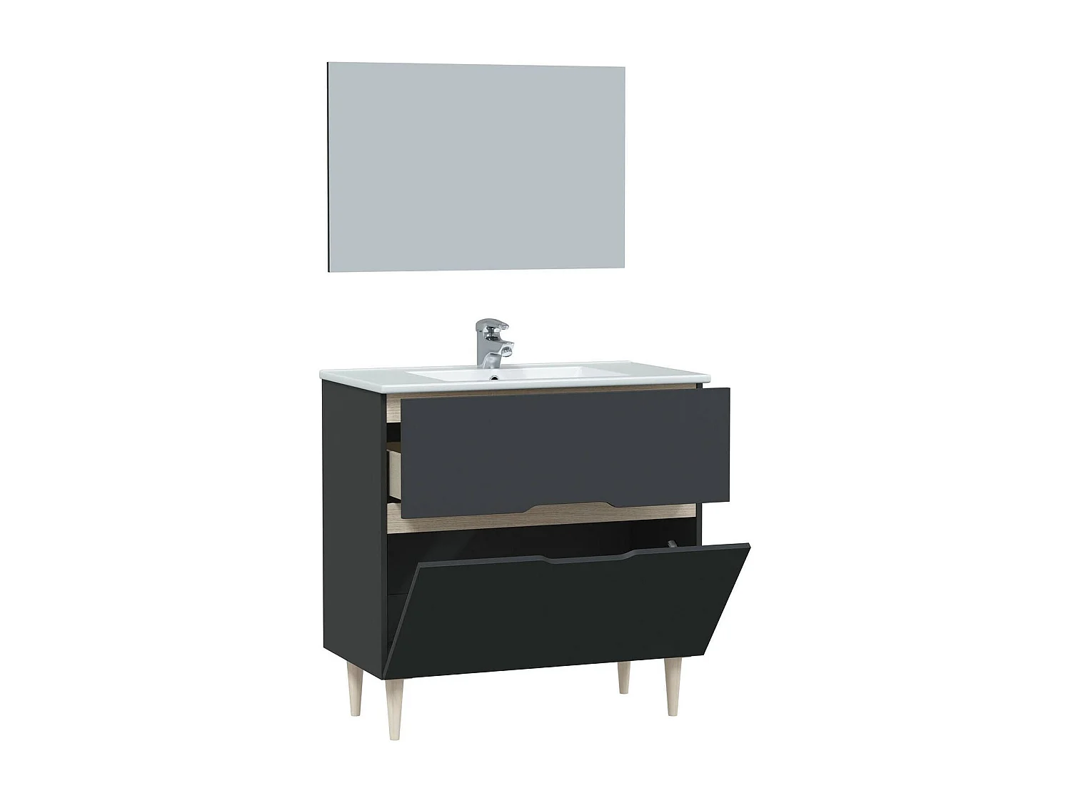 Dmora Unterschrank Yarmouth 80x45x80h cm Schwarz, Spiegel inkl.