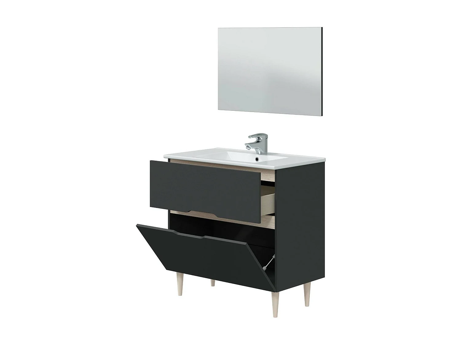 Dmora Unterschrank Yarmouth 80x45x80h cm Schwarz, Spiegel inkl.