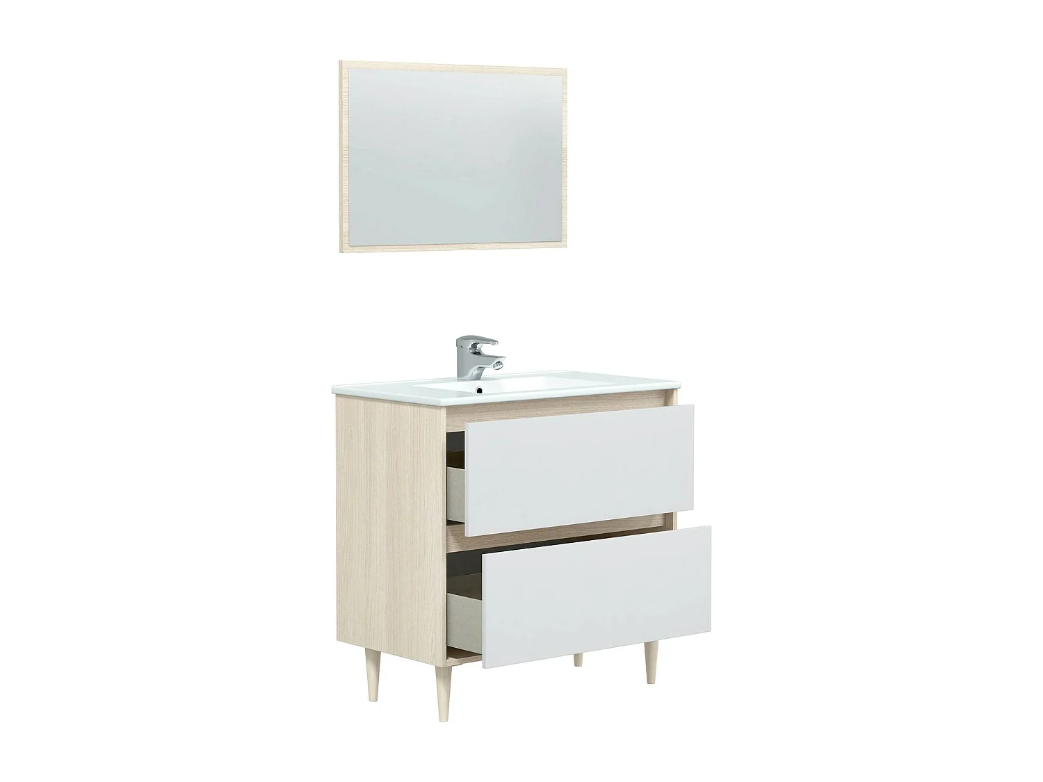 Meuble sous-vasque Yazoo, Meuble sous-vasque de salle de bain, Meuble sous-vasque avec miroir, Lavabo non inclus, 80x45h80 cm, Blanc brillant et chêne