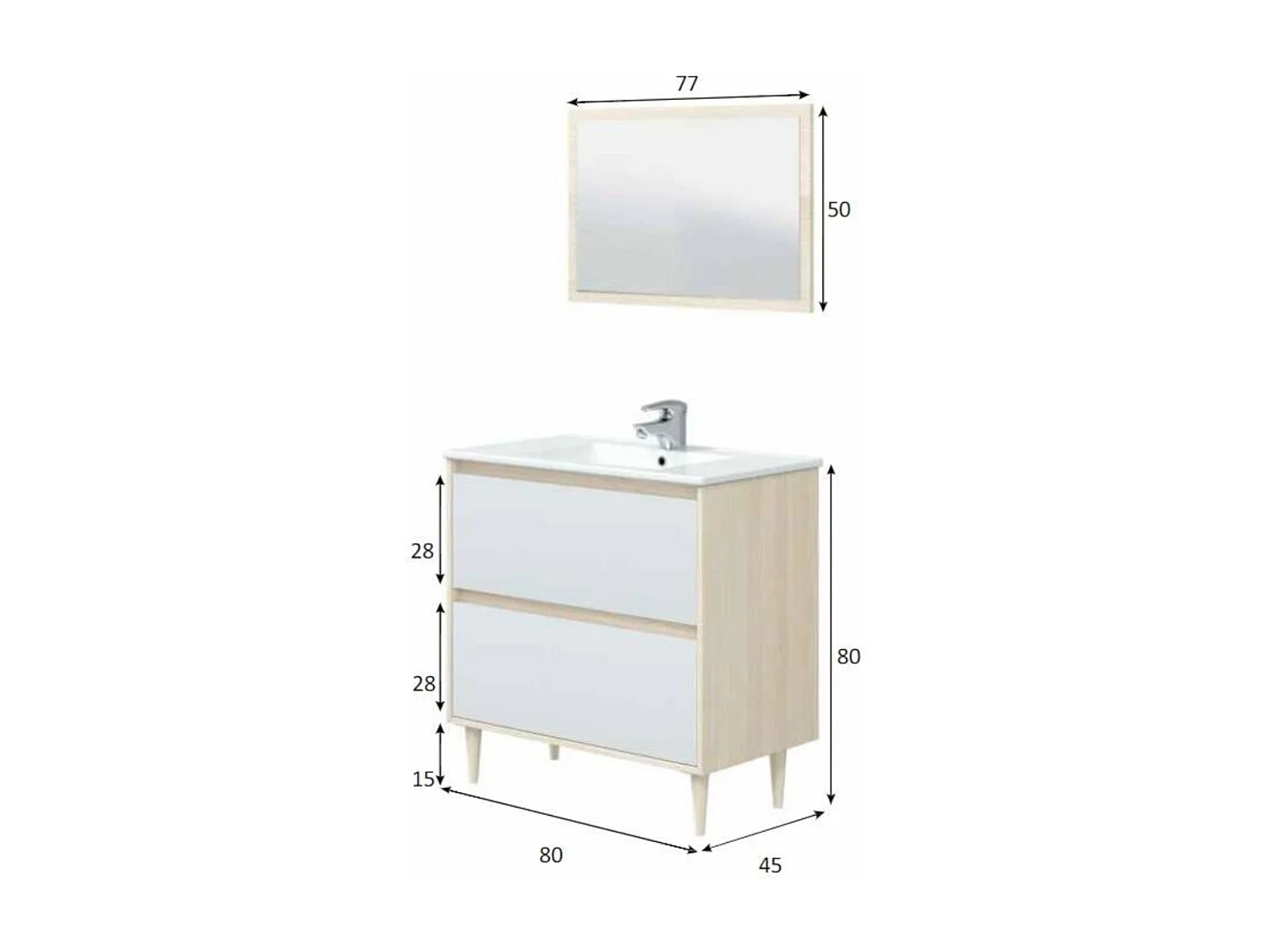 Meuble sous-vasque Yazoo, Meuble sous-vasque de salle de bain, Meuble sous-vasque avec miroir, Lavabo non inclus, 80x45h80 cm, Blanc brillant et chêne