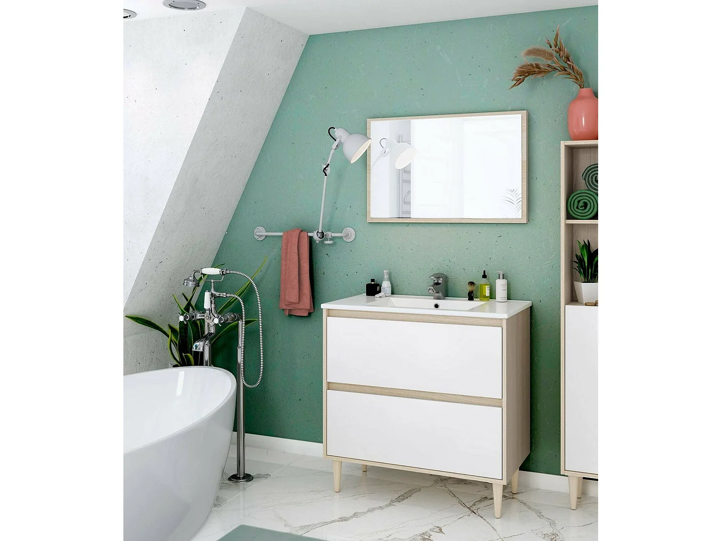 Dmora Mobile Sottolavabo Yazoo 45x80x80h cm Bianco Lucido Specchio Incluso 2 Cassetti, Impermeabile, con Inserto Salva Sifone