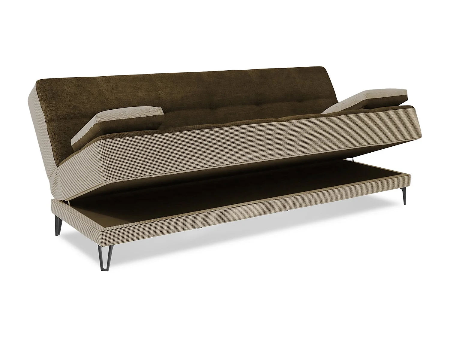 Schlafsofa Jordi, 3-Sitzer-Schlafsofa mit schwarzen MetallfüÃŸen, Wohnzimmersofa aus gepolstertem Stoff mit Klick-Klack-Ã–ffnung, 190x87h97 cm, Grau und Braun