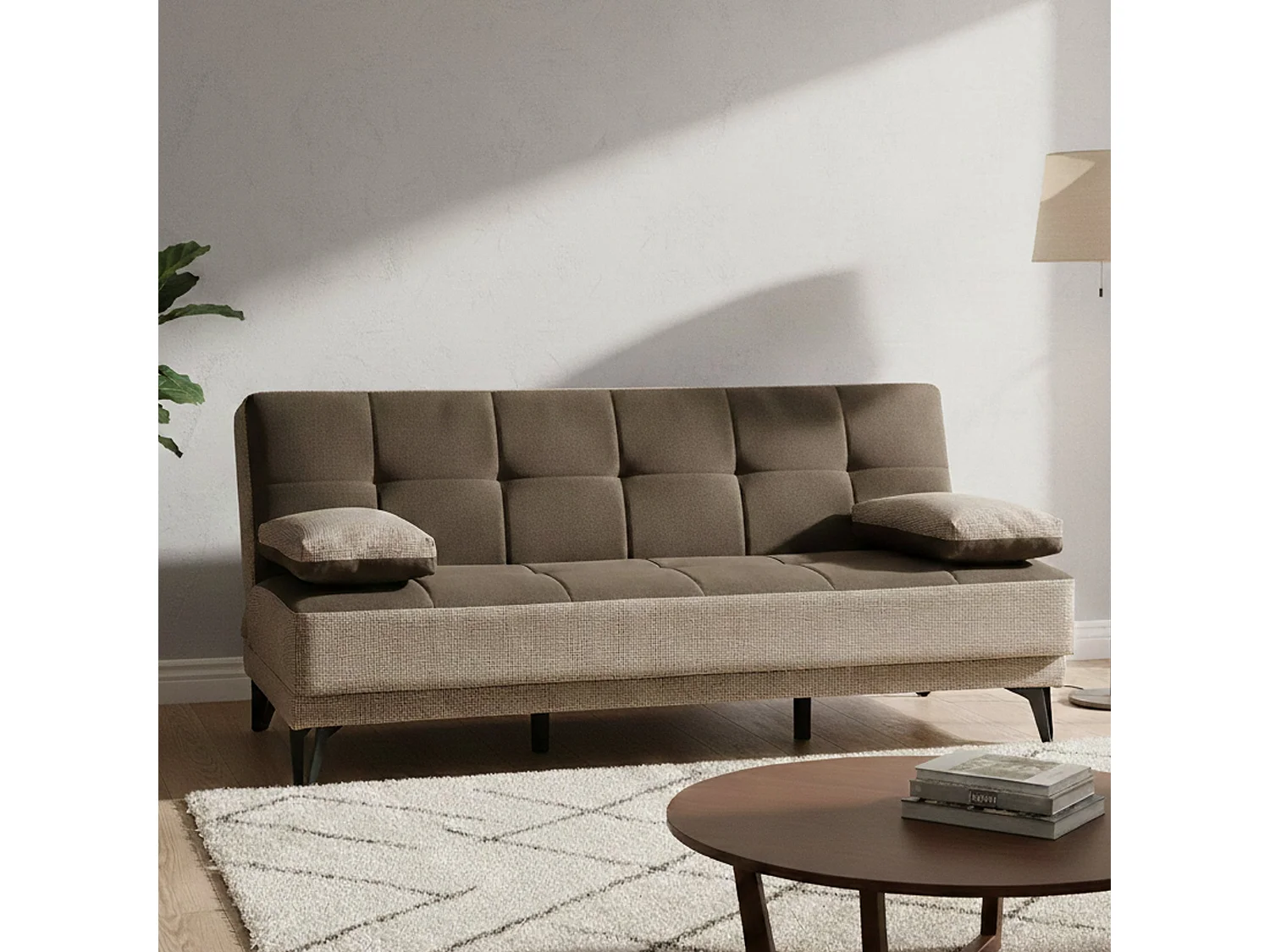 Sofá cama Jordi, Sofá cama 3 plazas con pies de metal negro, Sofá de salón en tela tapizada con apertura clic-clac, 190x87h97 cm, Gris y Marrón
