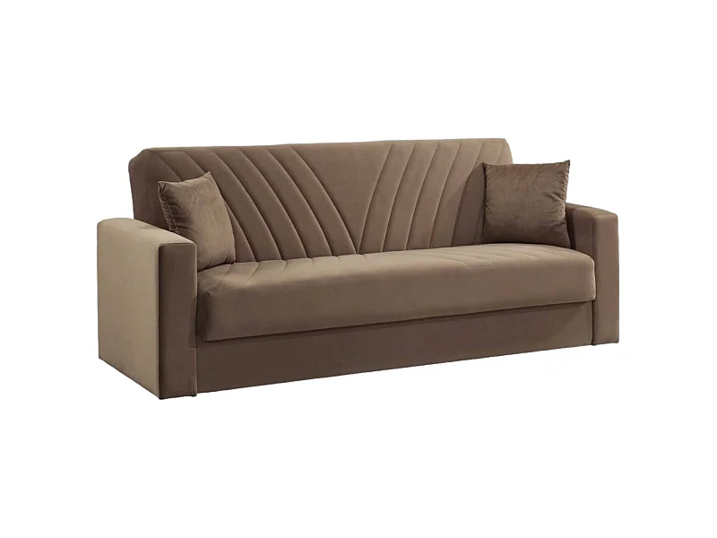 Canapé Jorge, Canapé de rangement linéaire 3 places avec 2 coussins inclus, Canapé de salon en tissu rembourré avec ouverture clic-clac, 214x81h89 cm, Beige