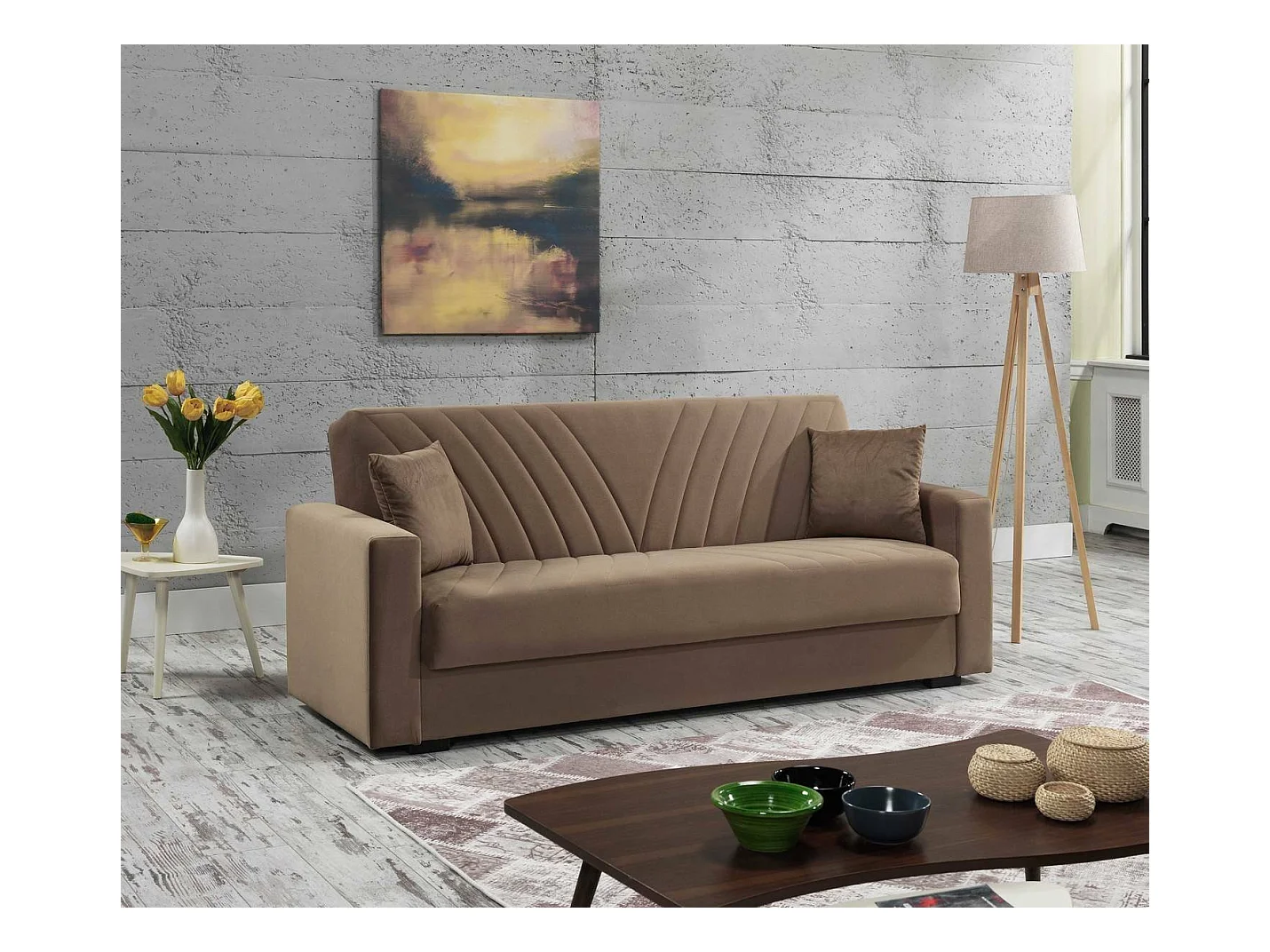 Canapé Jorge, Canapé de rangement linéaire 3 places avec 2 coussins inclus, Canapé de salon en tissu rembourré avec ouverture clic-clac, 214x81h89 cm, Beige