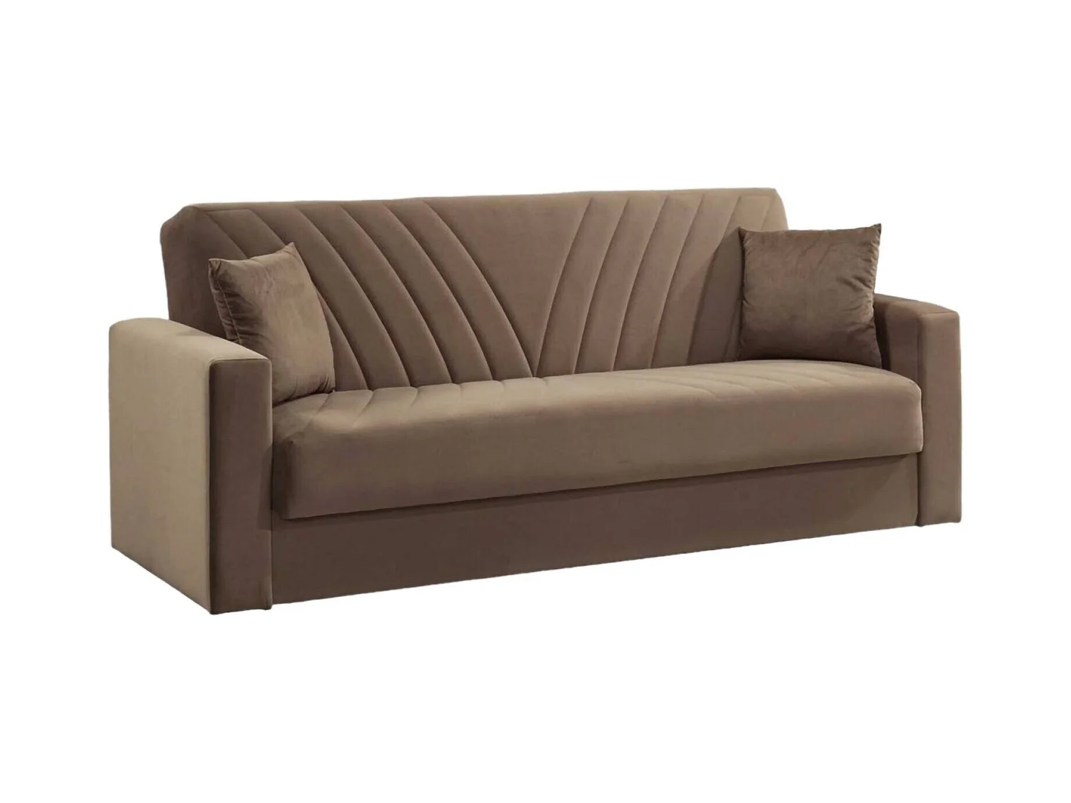 Canapé Jorge, Canapé de rangement linéaire 3 places avec 2 coussins inclus, Canapé de salon en tissu rembourré avec ouverture clic-clac, 214x81h89 cm, Beige