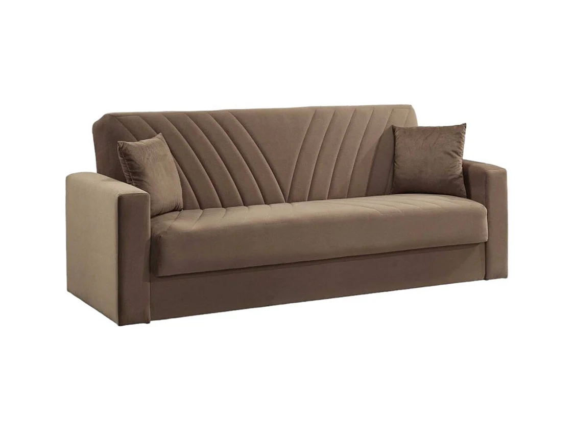 Canapé Jorge, Canapé de rangement linéaire 3 places avec 2 coussins inclus, Canapé de salon en tissu rembourré avec ouverture clic-clac, 214x81h89 cm, Beige