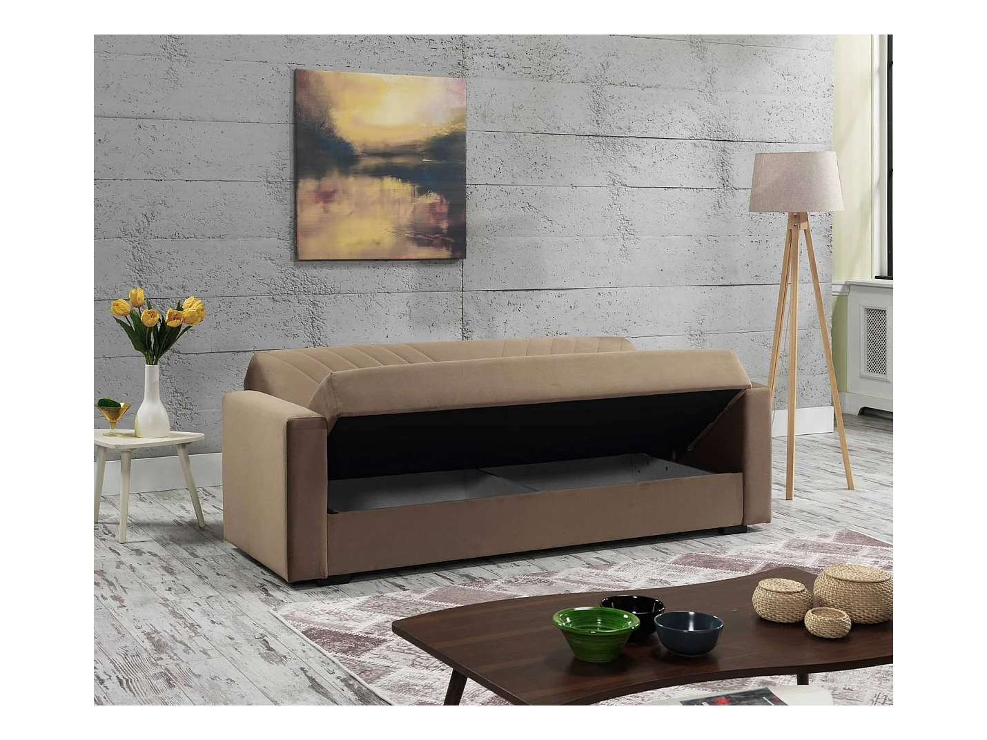 Canapé Jorge, Canapé de rangement linéaire 3 places avec 2 coussins inclus, Canapé de salon en tissu rembourré avec ouverture clic-clac, 214x81h89 cm, Beige