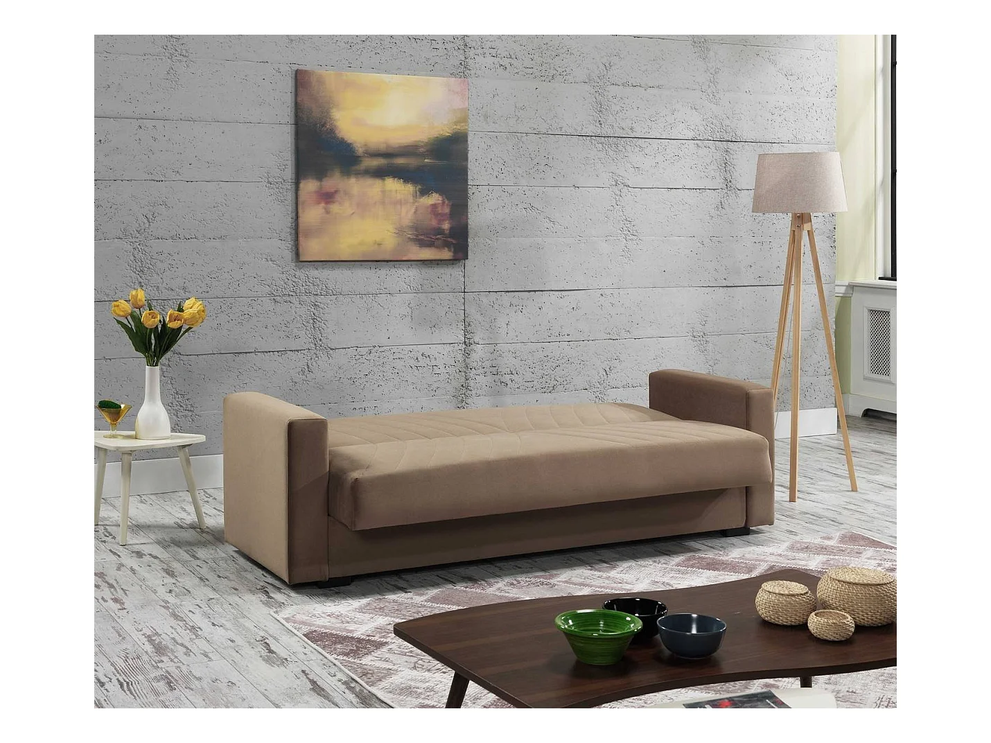 Canapé Jorge, Canapé de rangement linéaire 3 places avec 2 coussins inclus, Canapé de salon en tissu rembourré avec ouverture clic-clac, 214x81h89 cm, Beige