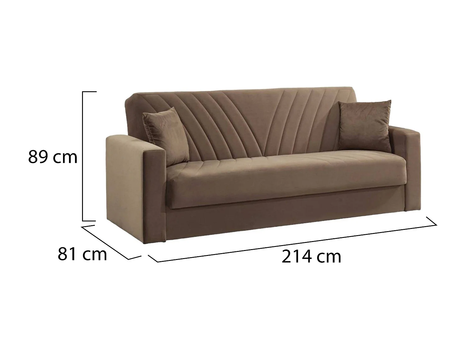 Sofá cama Jorge, Sofá cama con almacenaje lineal 3 plazas con 2 cojines incluidos, Sofá de salón en tela acolchada con apertura click-clac, 214x81h89 cm, Beige