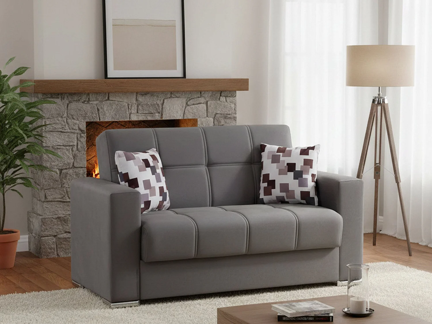 Sofá-cama Manuel, sofá-cama contêiner linear de 2 lugares, Sofá da sala em tecido acolchoado com abertura click-clack, 160x85h91 cm, Cinza