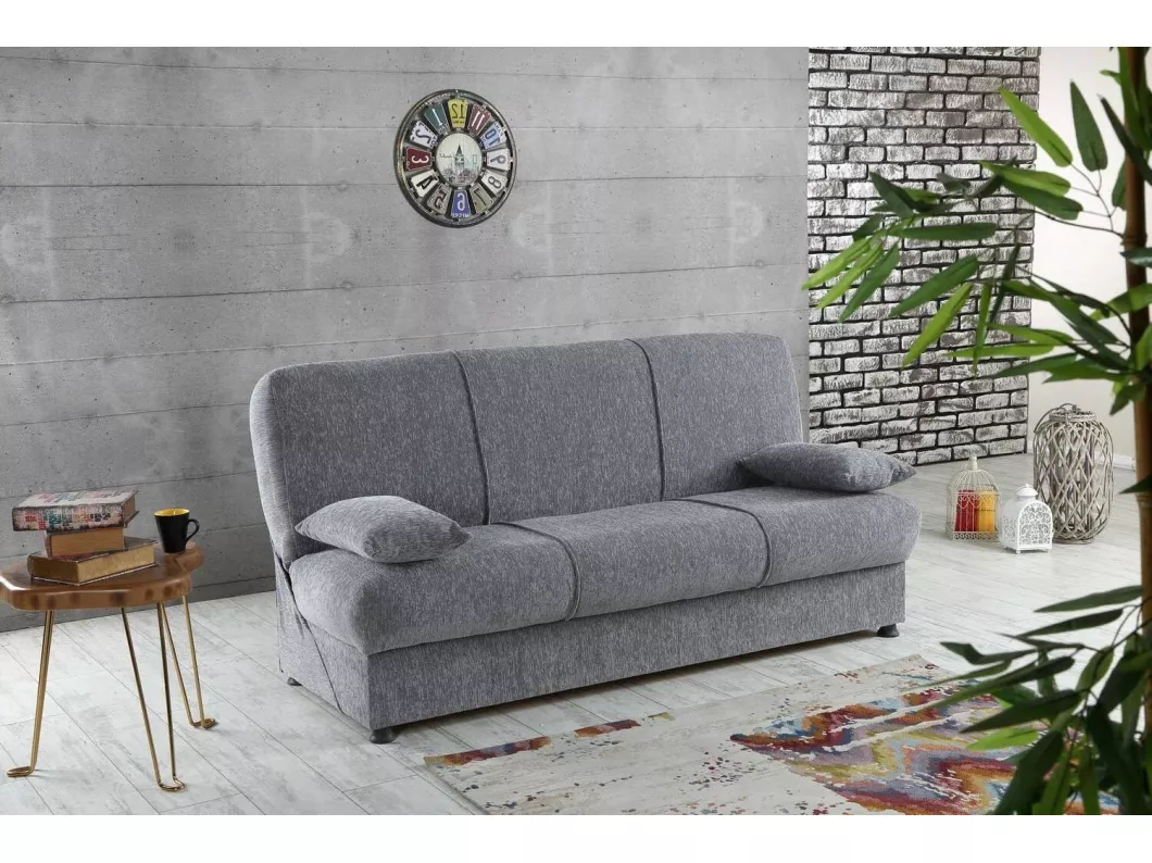 Kauf Unique Schlafsofa Alvaro, 3-Sitzer-Container-Schlafsofa mit 2 Kissen inklusive, Wohnzimmersofa aus gepolstertem Stoff mit Klick-Klack-Öffnung, 180x81h90 cm, Grau