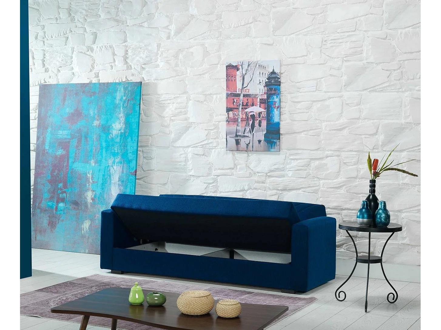 Sofá cama Jorge, Sofá cama contenedor lineal 3 plazas con 2 cojines incluidos, Sofá de salón en tela acolchada con apertura click-clac, 214x81h89 cm, Azul