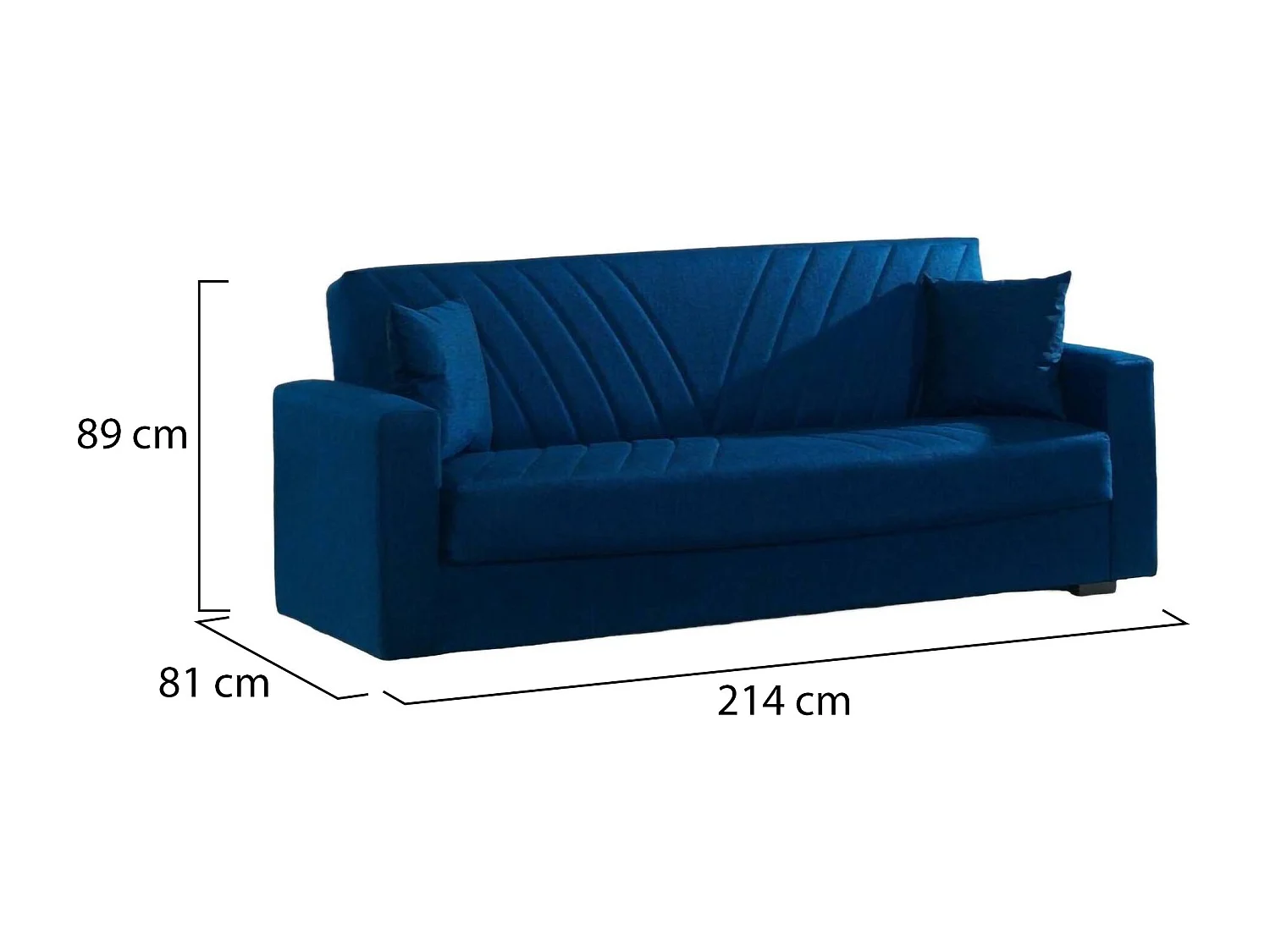 Canapé Jorge, Canapé conteneur linéaire 3 places avec 2 coussins inclus, Canapé de salon en tissu rembourré avec ouverture clic-clac, 214x81h89 cm, Bleu