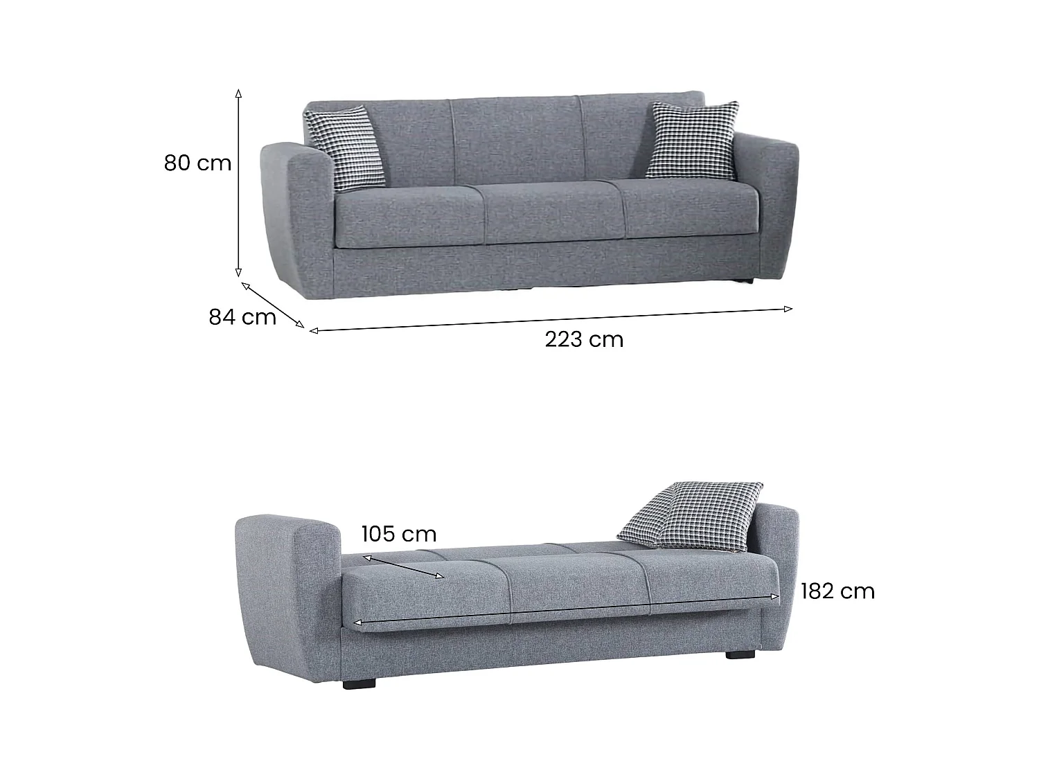 Escobar slaapbank, 3-zits lineaire containerslaapbank, Woonkamerbank in gewatteerde stof met klik-klakopening, 223x84xh80 cm, Grijs