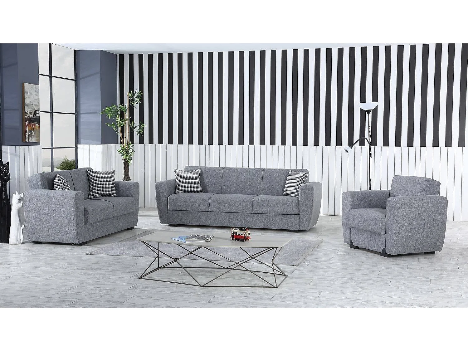Divano letto Escobar, Divano letto contenitore a 3 posti lineare, Sofà da soggiorno in tessuto imbottito con apertura click-clack, 223x84xh80 cm, Grigio
