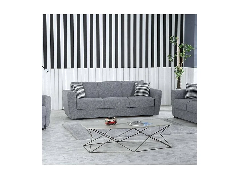 Divano letto Escobar, Divano letto contenitore a 3 posti lineare, Sofà da soggiorno in tessuto imbottito con apertura click-clack, 223x84xh80 cm, Grigio