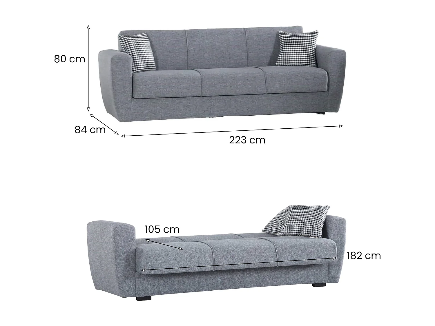 Schlafsofa Escobar, Lineares 3-Sitzer-Container-Schlafsofa, Wohnzimmersofa aus gepolstertem Stoff mit Klick-Klack-Ã–ffnung, 223x84xh80 cm, Grau