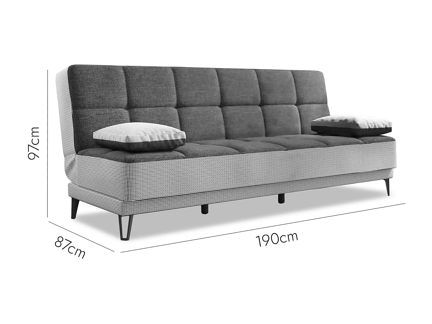 Sofá cama Jordi, sofá cama de 3 lugares com pés de metal preto, Sofá da sala em tecido acolchoado com abertura click-clack, 190x87h97 cm, Cinza