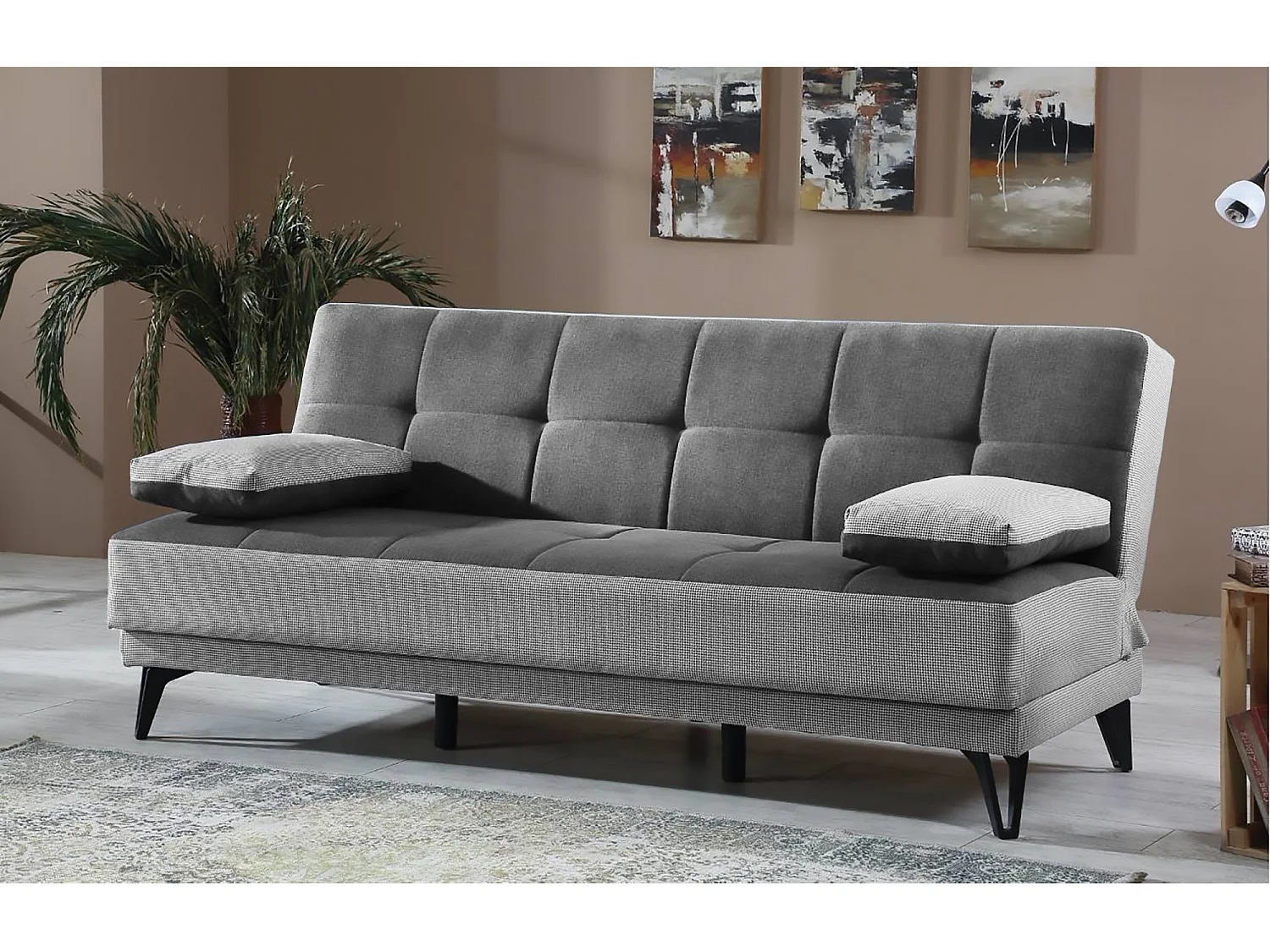 Sofá cama Jordi, sofá cama de 3 lugares com pés de metal preto, Sofá da sala em tecido acolchoado com abertura click-clack, 190x87h97 cm, Cinza