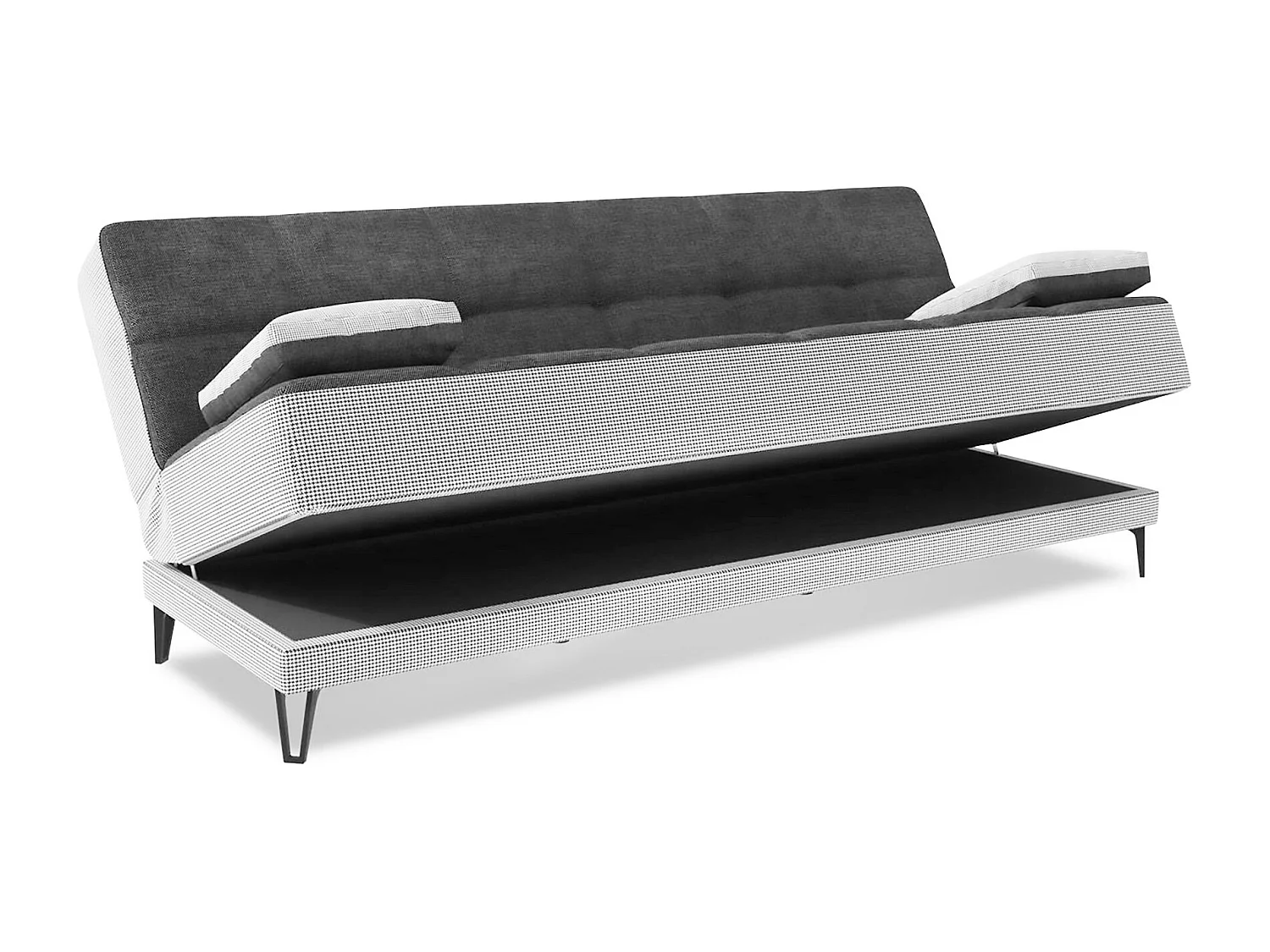 Sofá cama Jordi, sofá cama de 3 lugares com pés de metal preto, Sofá da sala em tecido acolchoado com abertura click-clack, 190x87h97 cm, Cinza
